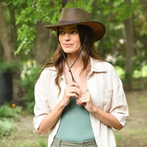 American Hat Makers Crusher Leather Australian Cowboy Outback Hat, UPF50 Wide Brim, Waterproof Oilskin, Crushable, Packable in Kuwait