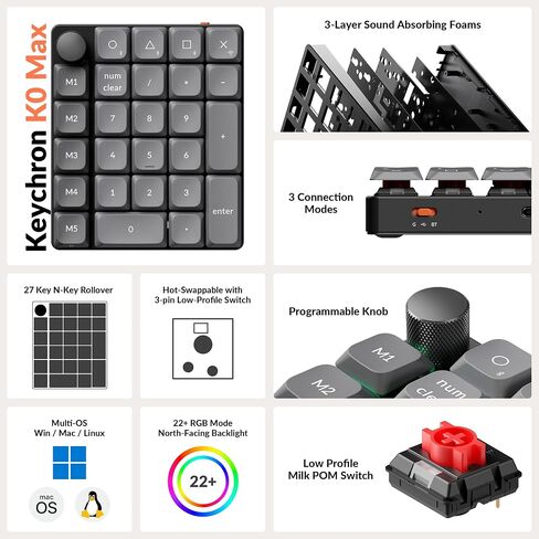 Keychron K0 Max QMK اللاسلكي رقم مخصص منخفض RGB Backlit (Hot-Swappable) مفتاح المفتاح الأحمر ، 2.4 GHz و Bluetooth 5.3 اتصال ، 1000Hz معدل الاقتراع-عقبة in Saudi Arabia