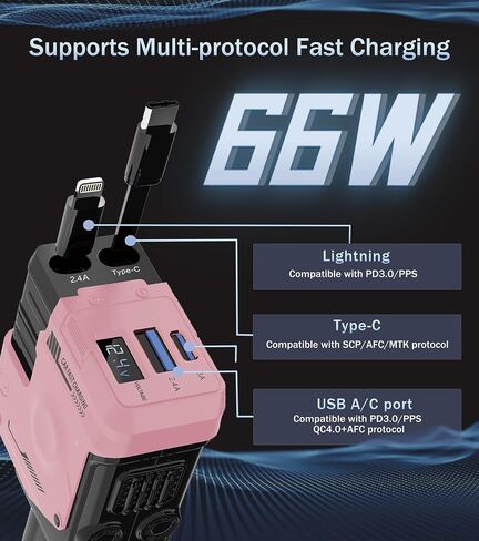Retractable Car Charger, 4 in 1 66W Fast Charging USB C Car Charger | 2 Retractable Cables & Dual USB-A/C Ports, Cigarette Lighter Adapter, Car Accessories for iPhone 17/16, Samsung Galaxy in Kuwait