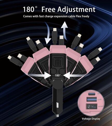 Retractable Car Charger, 4 in 1 66W Fast Charging USB C Car Charger | 2 Retractable Cables & Dual USB-A/C Ports, Cigarette Lighter Adapter, Car Accessories for iPhone 17/16, Samsung Galaxy in Kuwait