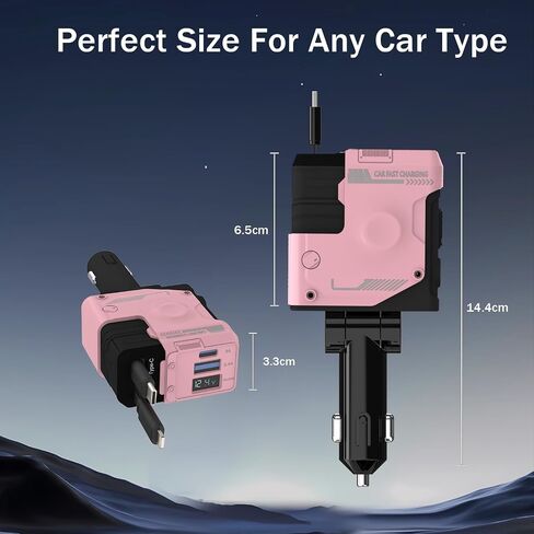 Retractable Car Charger, 4 in 1 66W Fast Charging USB C Car Charger | 2 Retractable Cables & Dual USB-A/C Ports, Cigarette Lighter Adapter, Car Accessories for iPhone 17/16, Samsung Galaxy in Kuwait