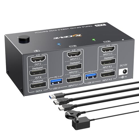 HDMI+2DISPLAYPORT KVM SWITCH 3 شاشات 3 أجهزة كمبيوتر 8K@60Hz 4K@144Hz ، Triple Monitor KVM Switchs مع 4 منفذ USB3.0 لأجهزة USB ، ومضمّن عن بُعد ، محول الطاقة ، كابلات USB. in Kuwait