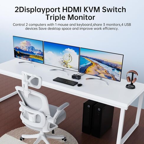 HDMI+2DISPLAYPORT KVM SWITCH 3 شاشات 3 أجهزة كمبيوتر 8K@60Hz 4K@144Hz ، Triple Monitor KVM Switchs مع 4 منفذ USB3.0 لأجهزة USB ، ومضمّن عن بُعد ، محول الطاقة ، كابلات USB. in Kuwait