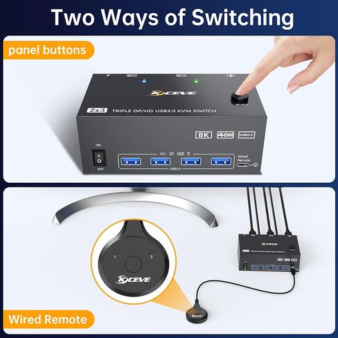 HDMI+2DISPLAYPORT KVM SWITCH 3 شاشات 3 أجهزة كمبيوتر 8K@60Hz 4K@144Hz ، Triple Monitor KVM Switchs مع 4 منفذ USB3.0 لأجهزة USB ، ومضمّن عن بُعد ، محول الطاقة ، كابلات USB. in Kuwait