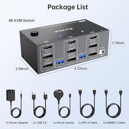 HDMI+2DISPLAYPORT KVM SWITCH 3 شاشات 3 أجهزة كمبيوتر 8K@60Hz 4K@144Hz ، Triple Monitor KVM Switchs مع 4 منفذ USB3.0 لأجهزة USB ، ومضمّن عن بُعد ، محول الطاقة ، كابلات USB. in Kuwait