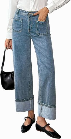 EVALESS Womens Jeans High Waisted Stretchy Cuffed Wide Leg Denim Pants with Pockets in Saudi Arabia