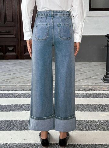 EVALESS Womens Jeans High Waisted Stretchy Cuffed Wide Leg Denim Pants with Pockets in Saudi Arabia