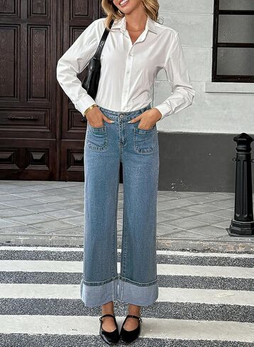 EVALESS Womens Jeans High Waisted Stretchy Cuffed Wide Leg Denim Pants with Pockets in Saudi Arabia