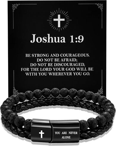 Men's Inspirational Christian Bracelet Lava Rock Bead Bracelets Healing Balancing Braided Leather Wristband Bracelet Gifts for Men Dad Husband in Kuwait