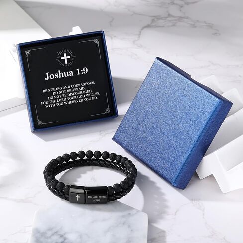 Men's Inspirational Christian Bracelet Lava Rock Bead Bracelets Healing Balancing Braided Leather Wristband Bracelet Gifts for Men Dad Husband in Kuwait