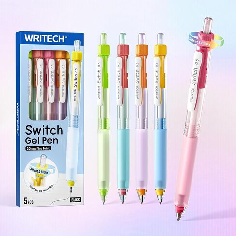 WRITECH Retractable Gel Ink Pens: 0.5mm Black-Ink Switch Between Silent and Clicky Soft Grip Fine Point Pen for Journaling Smooth Writing Quick-dry No Bleed 10ct in Saudi Arabia