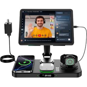 6 in 1 Wireless Charger for Apple Multiple Devices, Charging Station with Clock &7 Color Ambient Light, Foldable Rotate Stand for iPad, for iPhone16/15/14 Series, Support for Apple Watch10/9 AirPods4 in Kuwait