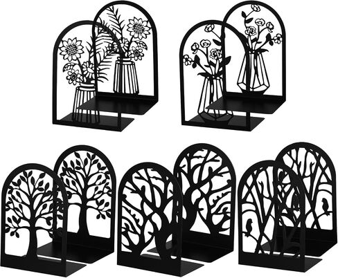 Faccito 5 Pairs Book Ends, Black Metal Bookends for Shelves Decorative, Non Skid Tree Stopper and Flower Shelf Holder for Heavy Books, Home Office School Supplies in Saudi Arabia