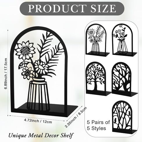 Faccito 5 Pairs Book Ends, Black Metal Bookends for Shelves Decorative, Non Skid Tree Stopper and Flower Shelf Holder for Heavy Books, Home Office School Supplies in Saudi Arabia