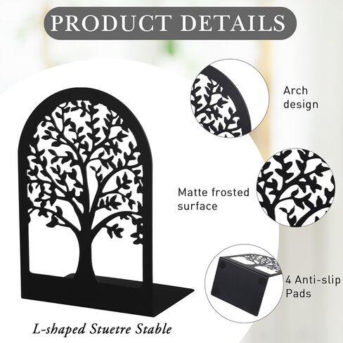 Faccito 5 Pairs Book Ends, Black Metal Bookends for Shelves Decorative, Non Skid Tree Stopper and Flower Shelf Holder for Heavy Books, Home Office School Supplies in Saudi Arabia