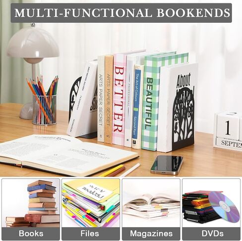 Faccito 5 Pairs Book Ends, Black Metal Bookends for Shelves Decorative, Non Skid Tree Stopper and Flower Shelf Holder for Heavy Books, Home Office School Supplies in Saudi Arabia