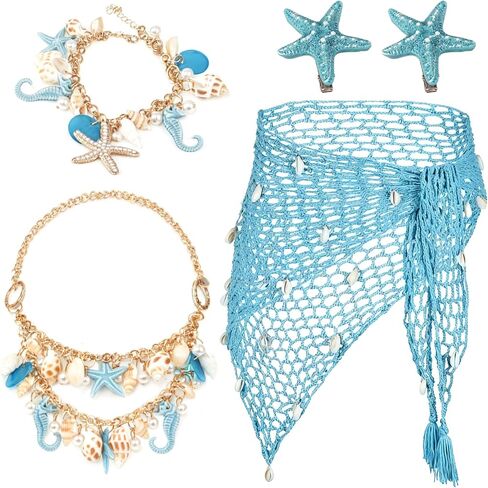 XEPST Mermaid Costume for Women - 5PCS Siren Costume Mermaid Accessories Set With Mermaid Sarong Crochet Skirt Cover Up Starfish Hair Clips Shell Jewelry for Halloween Costumes Cosplay Fancy Dress Up in Saudi Arabia