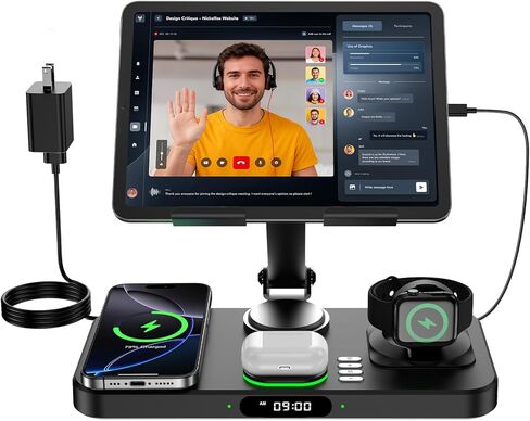 6 in 1 Wireless Charger for Apple Multiple Devices, Charging Station with Clock &7 Color Ambient Light, Foldable Rotate Stand for iPad, for iPhone16/15/14 Series, Support for Apple Watch10/9 AirPods4 in Kuwait