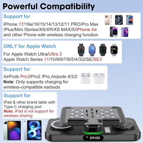 6 in 1 Wireless Charger for Apple Multiple Devices, Charging Station with Clock &7 Color Ambient Light, Foldable Rotate Stand for iPad, for iPhone16/15/14 Series, Support for Apple Watch10/9 AirPods4 in Kuwait