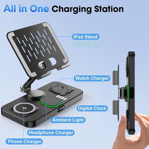 6 in 1 Wireless Charger for Apple Multiple Devices, Charging Station with Clock &7 Color Ambient Light, Foldable Rotate Stand for iPad, for iPhone16/15/14 Series, Support for Apple Watch10/9 AirPods4 in Kuwait