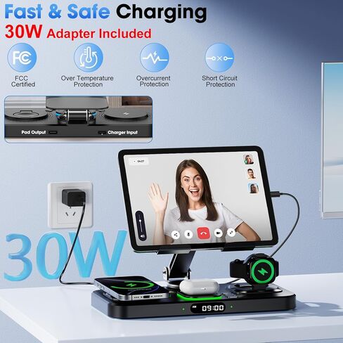 6 in 1 Wireless Charger for Apple Multiple Devices, Charging Station with Clock &7 Color Ambient Light, Foldable Rotate Stand for iPad, for iPhone16/15/14 Series, Support for Apple Watch10/9 AirPods4 in Kuwait