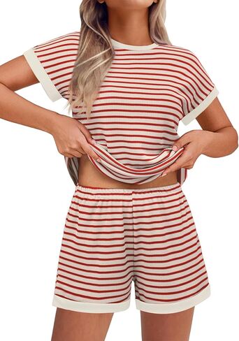 Ekouaer Waffle Knit Lounge Set Women Stripe Pajama Sets Short Sleeve Pj Tops and Shorts Matching loungewear with Pockets in Saudi Arabia