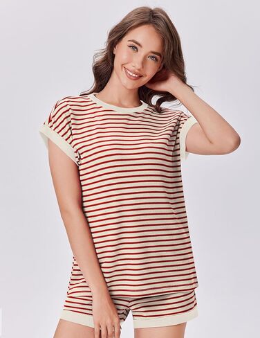 Ekouaer Waffle Knit Lounge Set Women Stripe Pajama Sets Short Sleeve Pj Tops and Shorts Matching loungewear with Pockets in Saudi Arabia