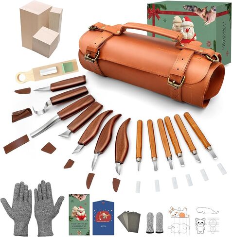 COZYGIFT Wood Carving Kit for Adults & Beginners - 31-Piece Set with 7 Whittling Knives & 6 Detail Gouges, 2 Pre-Carved Basswood Blocks, Leather Roll & Splinter-Free Handles for Woodworking & DIY Gift in Saudi Arabia