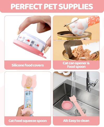 5 PCS Cat Food يغطي مجموعة الأغطية ، وعلب الأليف من السيليكون مع ملعقة طعام القطة متعددة الوظائف ، وتفتح ، وملعقة من ملعقة القطط ، وملعقة طعام رطبة من الفولاذ المقاوم للصدأ للقطط والكلاب in Kuwait