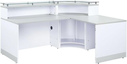 NBF L Shaped Modern Reception Desk with Counter - 79" W x 63" D Retail Checkout Counter - Curved Front Desk Reception Counter - Countertop Welcome Desk for Office Lobby Salon Store (Driftwood) in Saudi Arabia