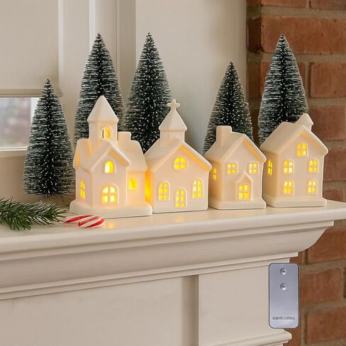 9 Pcs Christmas Village Figurines Sets - 4 Lighted Ceramic Houses with Remote Control & 5 Trees - Christmas Decorations Indoor - White Xmas Holiday Farmhouse Rustic Decor for Home Table Room in Kuwait