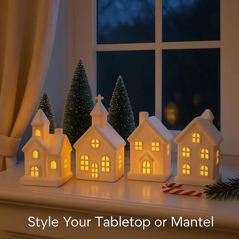 9 Pcs Christmas Village Figurines Sets - 4 Lighted Ceramic Houses with Remote Control & 5 Trees - Christmas Decorations Indoor - White Xmas Holiday Farmhouse Rustic Decor for Home Table Room in Kuwait