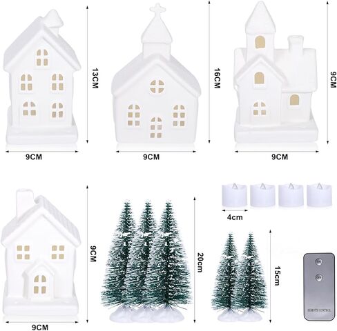 9 Pcs Christmas Village Figurines Sets - 4 Lighted Ceramic Houses with Remote Control & 5 Trees - Christmas Decorations Indoor - White Xmas Holiday Farmhouse Rustic Decor for Home Table Room in Kuwait