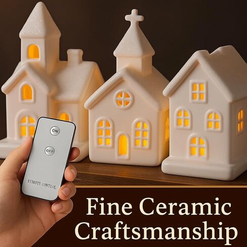 9 Pcs Christmas Village Figurines Sets - 4 Lighted Ceramic Houses with Remote Control & 5 Trees - Christmas Decorations Indoor - White Xmas Holiday Farmhouse Rustic Decor for Home Table Room in Kuwait