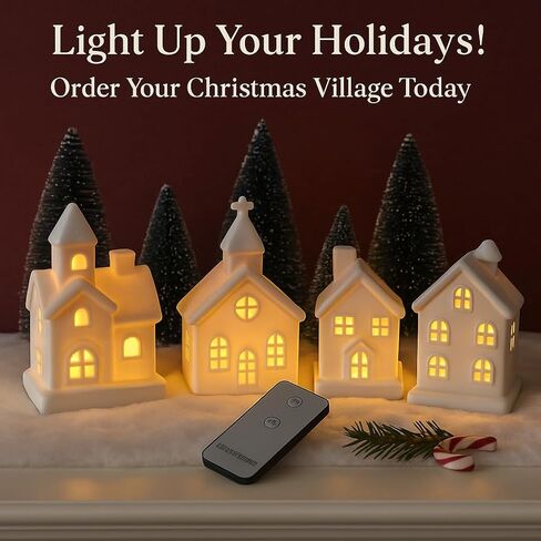 9 Pcs Christmas Village Figurines Sets - 4 Lighted Ceramic Houses with Remote Control & 5 Trees - Christmas Decorations Indoor - White Xmas Holiday Farmhouse Rustic Decor for Home Table Room in Kuwait