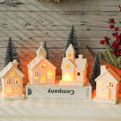 9 Pcs Christmas Village Figurines Sets - 4 Lighted Ceramic Houses with Remote Control & 5 Trees - Christmas Decorations Indoor - White Xmas Holiday Farmhouse Rustic Decor for Home Table Room in Kuwait