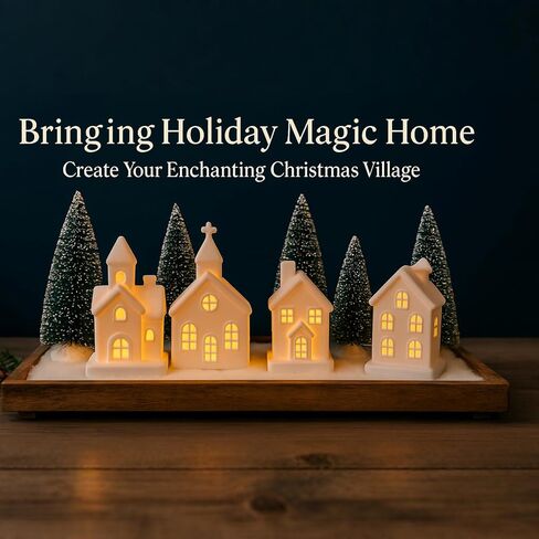 9 Pcs Christmas Village Figurines Sets - 4 Lighted Ceramic Houses with Remote Control & 5 Trees - Christmas Decorations Indoor - White Xmas Holiday Farmhouse Rustic Decor for Home Table Room in Kuwait