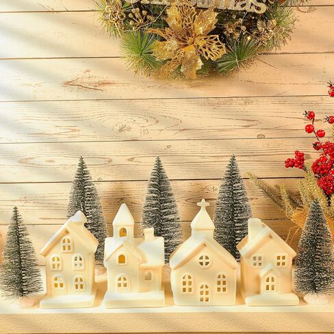 9 Pcs Christmas Village Figurines Sets - 4 Lighted Ceramic Houses with Remote Control & 5 Trees - Christmas Decorations Indoor - White Xmas Holiday Farmhouse Rustic Decor for Home Table Room in Kuwait