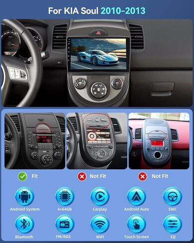 2+64G لسيارة KIA Soul 2010 2011 2012 2013 Android Car Stereo مع Carplay اللاسلكي وAndroid Auto - راديو بشاشة لمس عالية الدقة 9 بوصة مع EQ DSP، GPS، WiFi، FM/RDS + كاميرا الرؤية الخلفية AHD in Saudi Arabia