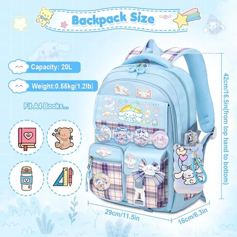 16.5IN Backpack for Girls with 24Pcs Kawaii Accessories, Anime Anti-Theft Schoolbag for Students Aged Between 4-8 Years Old, New Semester Presents with Pins and Card Holder in Kuwait