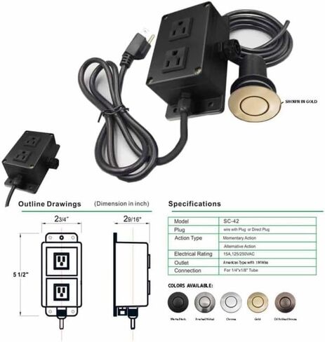 مصقوب صارم بشكل صارم مخرج القمامة التخلص من طقم تبديل الهواء - مربع التحكم في التخلص من النفايات مع زر دفع الفولاذ المقاوم للصدأ ، 15A ، 125/250 فولت ، لحوض المطبخ أو كونترتوب (النحاس) in Kuwait