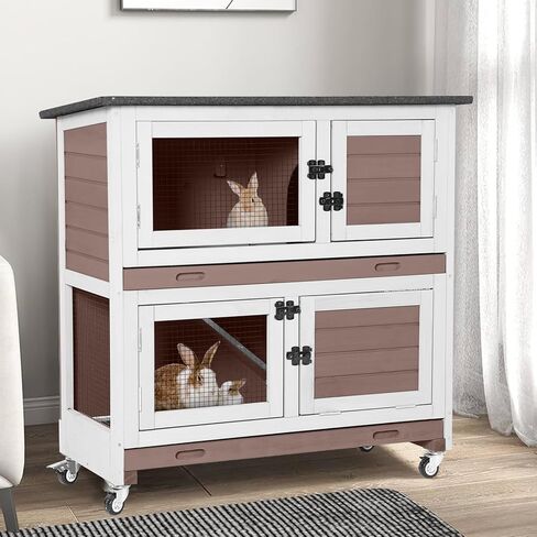 GUTINNEEN Rabbit Hutch Indoor with Chew-Proof Design, Wooden Bunny Cage Outdoor Guinea Pig Cages with Wheels, Leak-Proof Trays for Rabbits, Guinea Pigs, Small Animals in Saudi Arabia