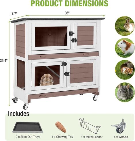 GUTINNEEN Rabbit Hutch Indoor with Chew-Proof Design, Wooden Bunny Cage Outdoor Guinea Pig Cages with Wheels, Leak-Proof Trays for Rabbits, Guinea Pigs, Small Animals in Saudi Arabia