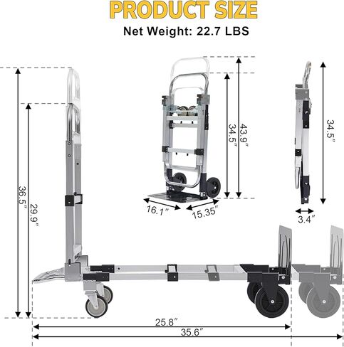 Upgraded 3 in 1 Folding Hand Truck, 600lbs Capacity, Heavy Duty Convertible Dolly with Retractable Handle and 4 Rubber Wheels, Collapsible Cart for Moving Home, Office, Warehouse（Orange） in Kuwait