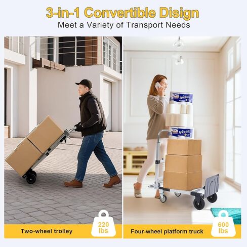 Upgraded 3 in 1 Folding Hand Truck, 600lbs Capacity, Heavy Duty Convertible Dolly with Retractable Handle and 4 Rubber Wheels, Collapsible Cart for Moving Home, Office, Warehouse（Orange） in Kuwait