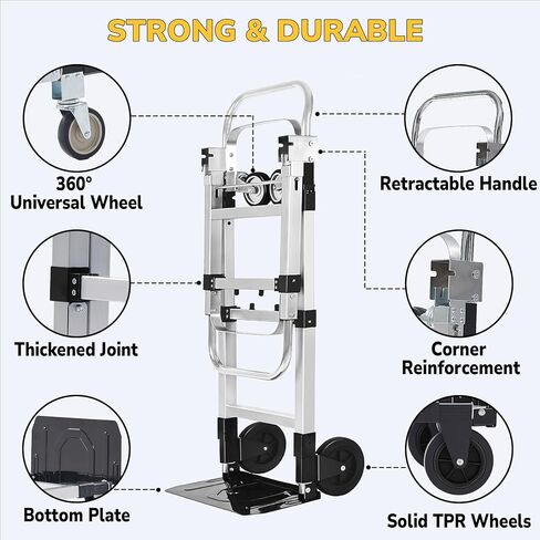 Upgraded 3 in 1 Folding Hand Truck, 600lbs Capacity, Heavy Duty Convertible Dolly with Retractable Handle and 4 Rubber Wheels, Collapsible Cart for Moving Home, Office, Warehouse（Orange） in Kuwait