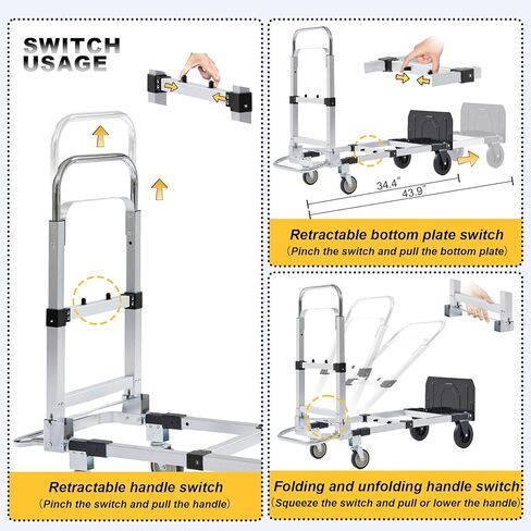 Upgraded 3 in 1 Folding Hand Truck, 600lbs Capacity, Heavy Duty Convertible Dolly with Retractable Handle and 4 Rubber Wheels, Collapsible Cart for Moving Home, Office, Warehouse（Orange） in Kuwait