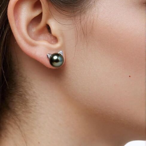 Tahitian Black Pearl Earrings, 9-10mm AAA Handpicked Natural Black Pearl Stud Earrings with D Color Moissanite & 18K White Gold Plated Sterling Silver, Luxury Gifts for Women, Mother, Girlfriend, Anniversary, Birthday, Valentines, Mothers Day in Saudi Arabia