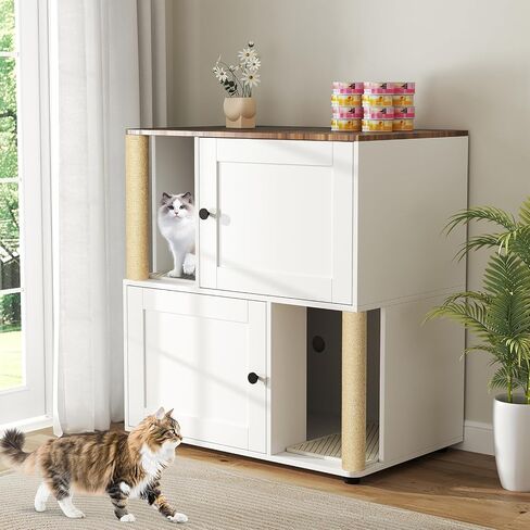 Litter Box Enclosure for 2 Cats, Double Litter Box Enclosure with Scratch Mat, Hidden Cat Litter Boxes Furniture for Most Litter Boxes, White in Kuwait