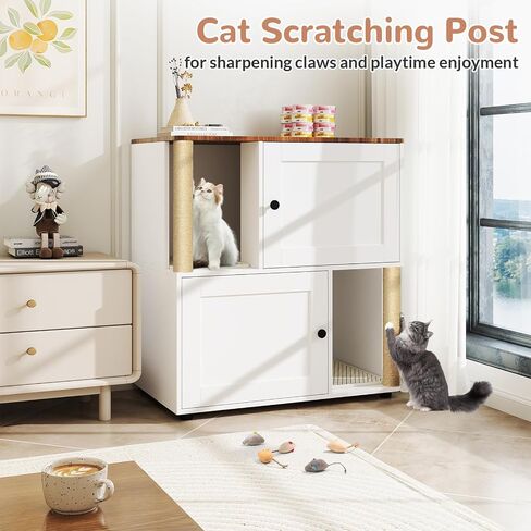 Litter Box Enclosure for 2 Cats, Double Litter Box Enclosure with Scratch Mat, Hidden Cat Litter Boxes Furniture for Most Litter Boxes, White in Kuwait